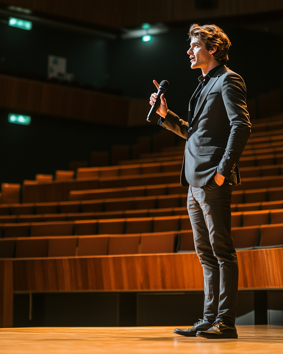 Man in suit speaking on stage with microphone