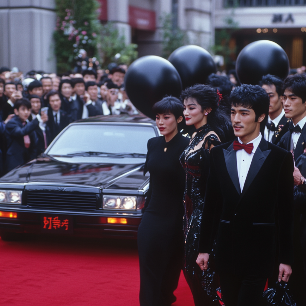 Man in tuxedo and woman in black dress on red carpet