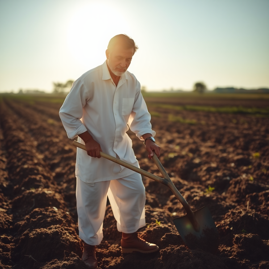 Man in white clothes working in field under sun.