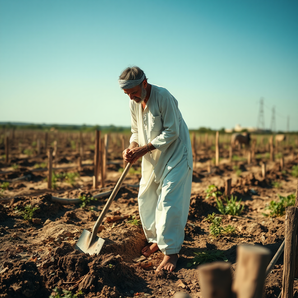 Man in white clothing digs in field - sunny day.