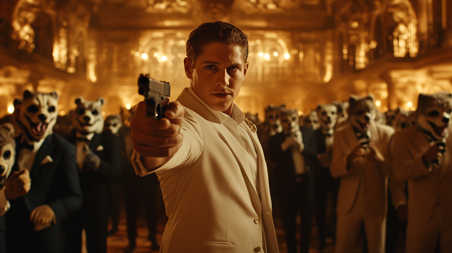 Man in white suit holds gun in ballroom