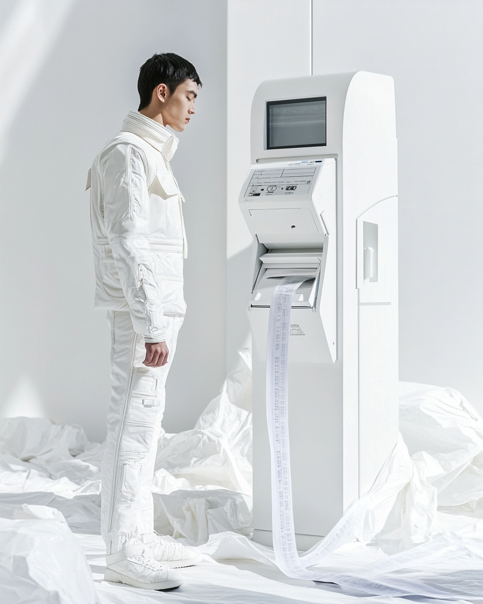 Man in white suit poses with futuristic pump