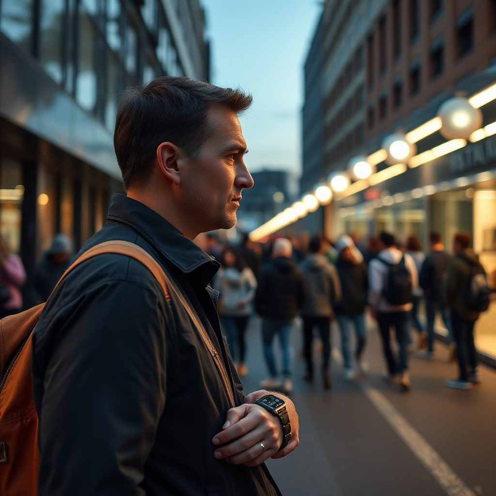 Man in work clothes looks at watch.