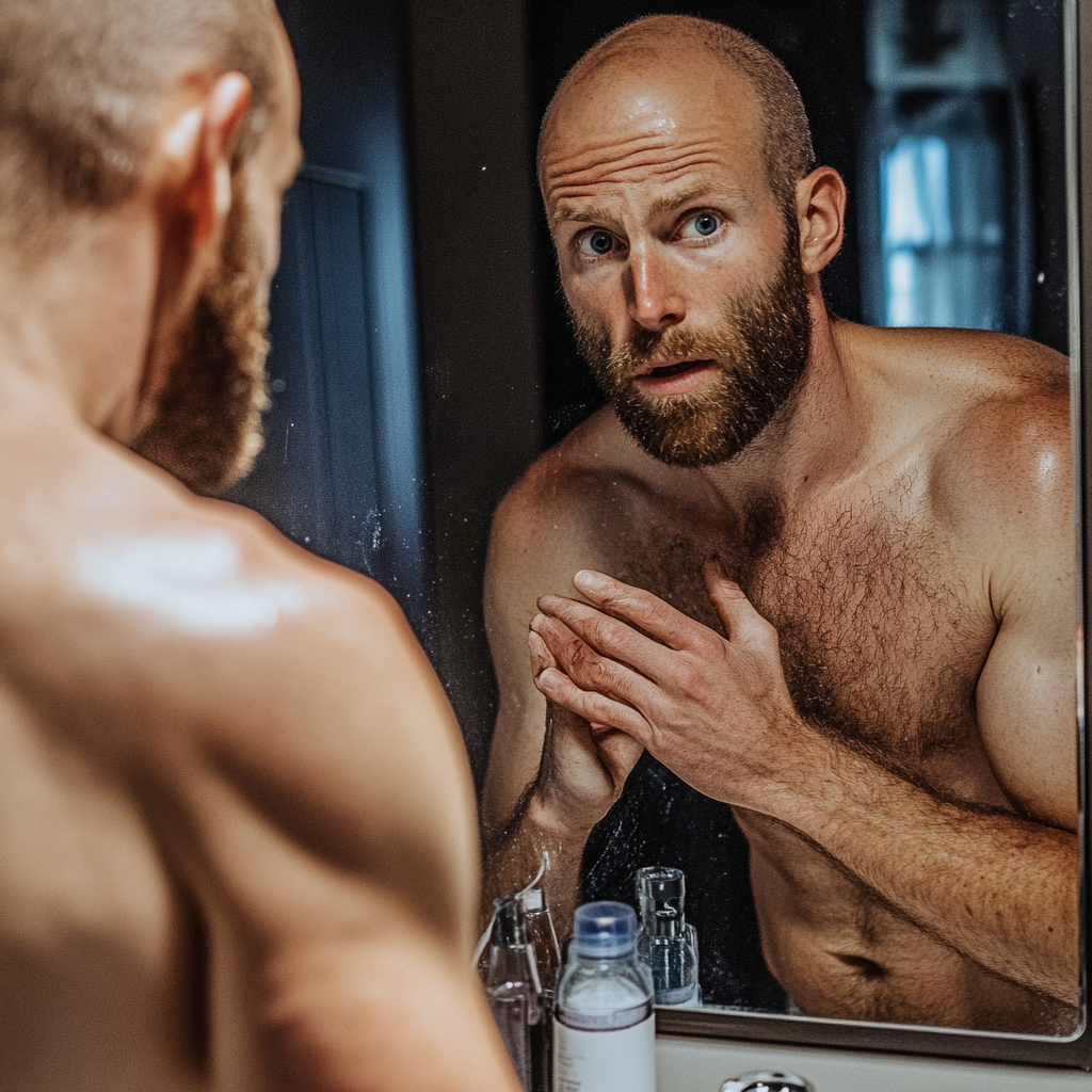 Man looking at himself shirtless in mirror with concern.