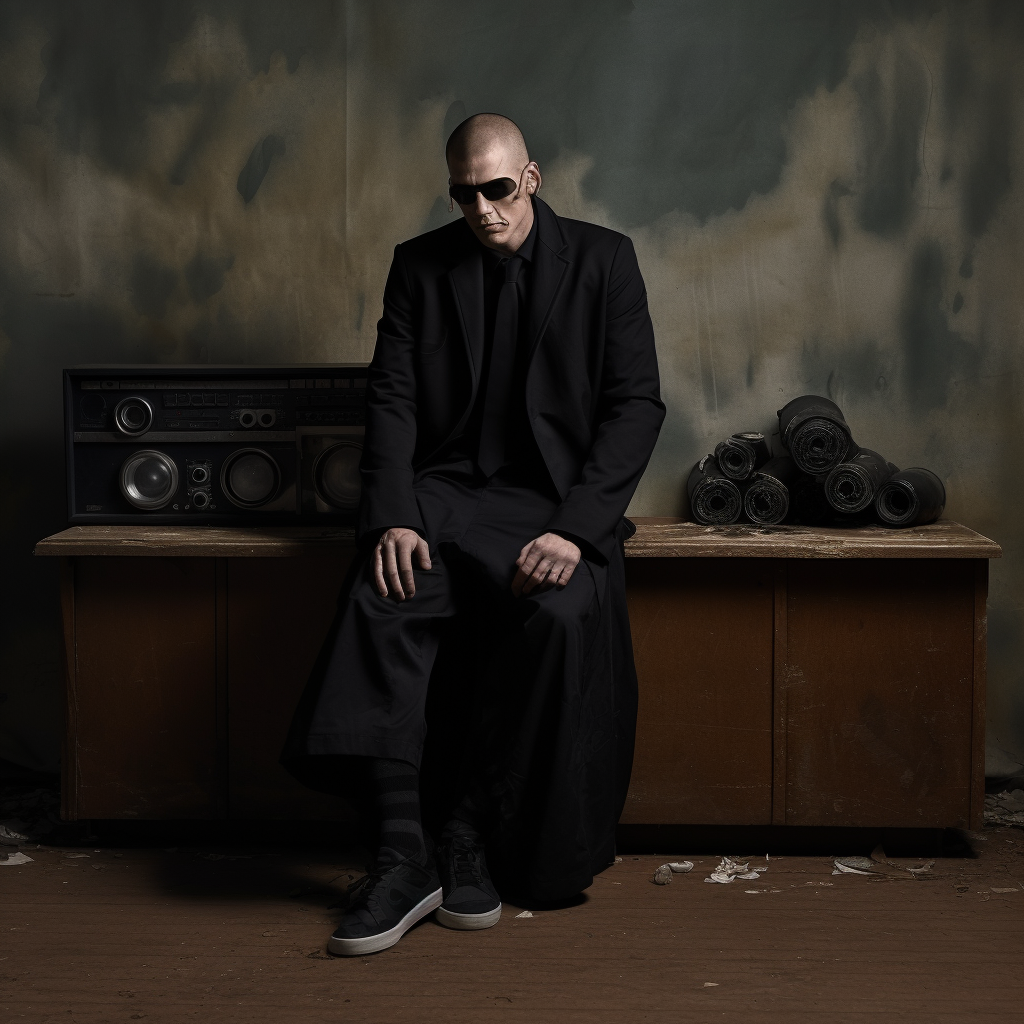 Man model wearing black suit, skirt, vintage sneakers - unique background.