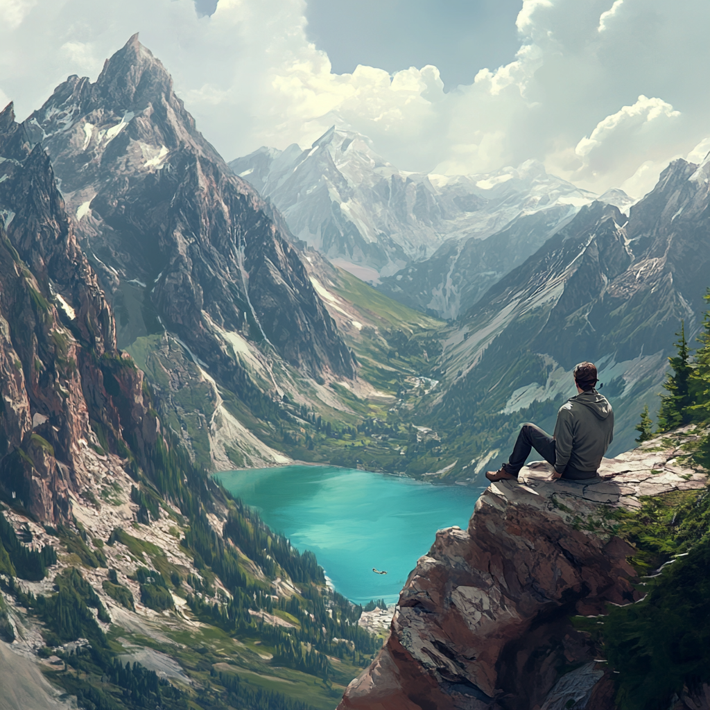 Man on rocky ledge overlooking turquoise lake and mountains.