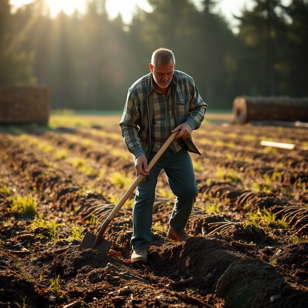 Man plowing field under sunny sky surrounded by wood.