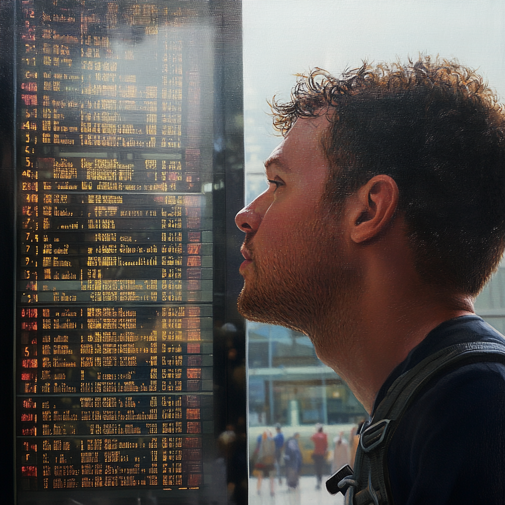 Man reflects on departure board with hopeful expression