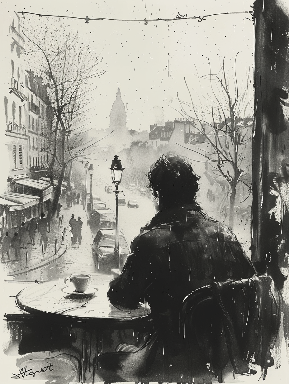 Man sitting at cafe table looking out window