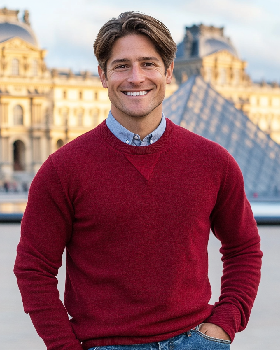 Man smiling in front of Louvre museum