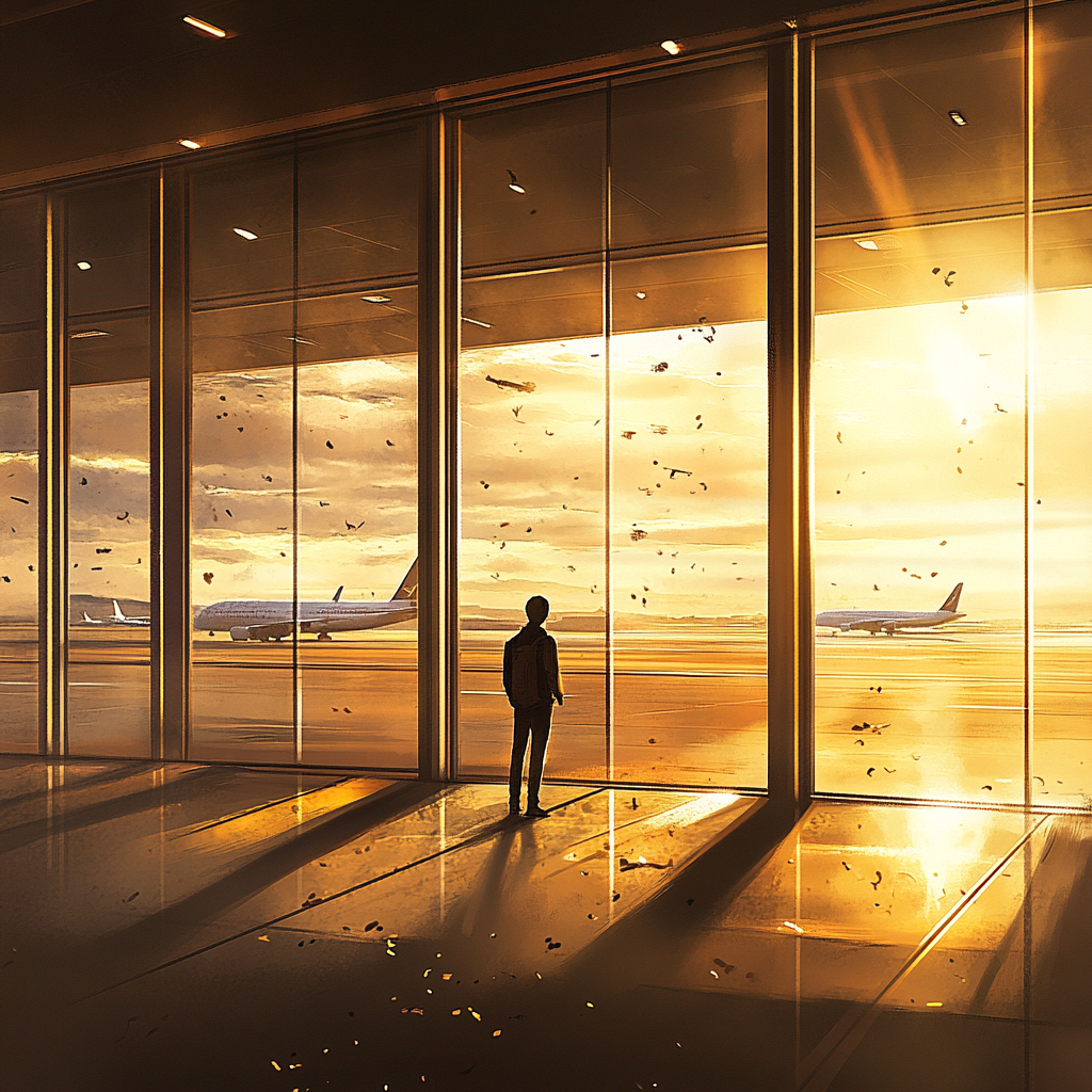 Man standing in departure terminal gazing at runway