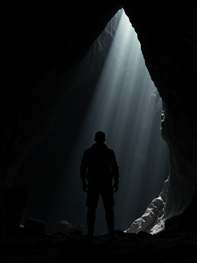 Man stands at entrance of massive cave.