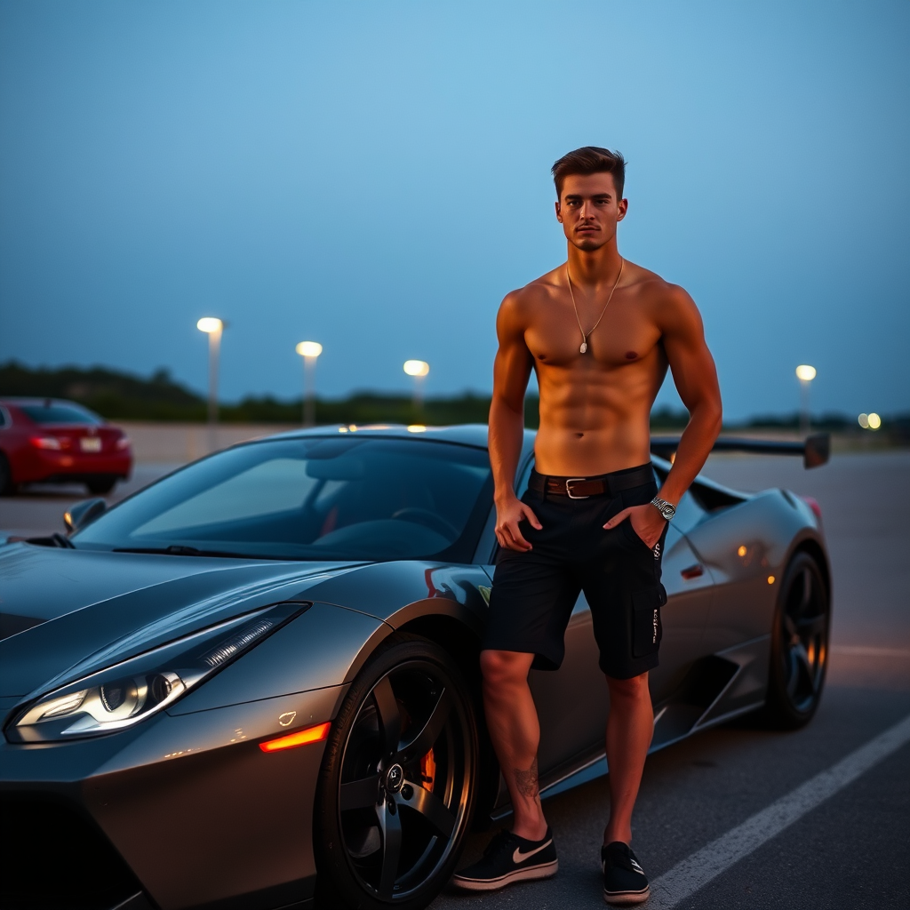 Man stands on luxury car in city.