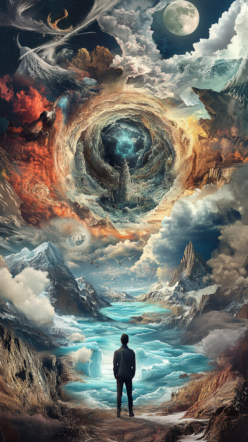 Man surrounded by surreal landscapes, fantasy creatures, and vibrant colors.