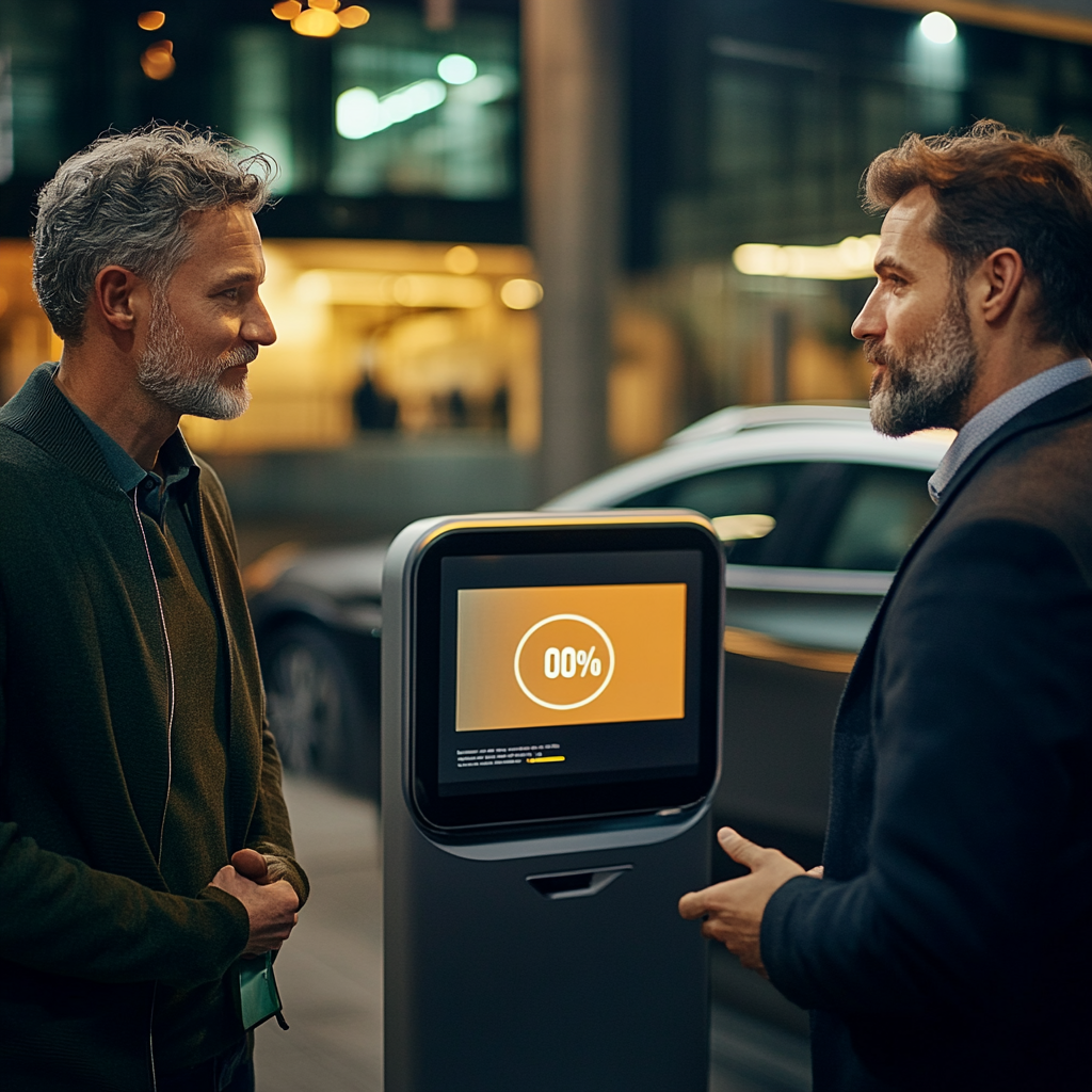 Man talks to sales rep by charging vehicle