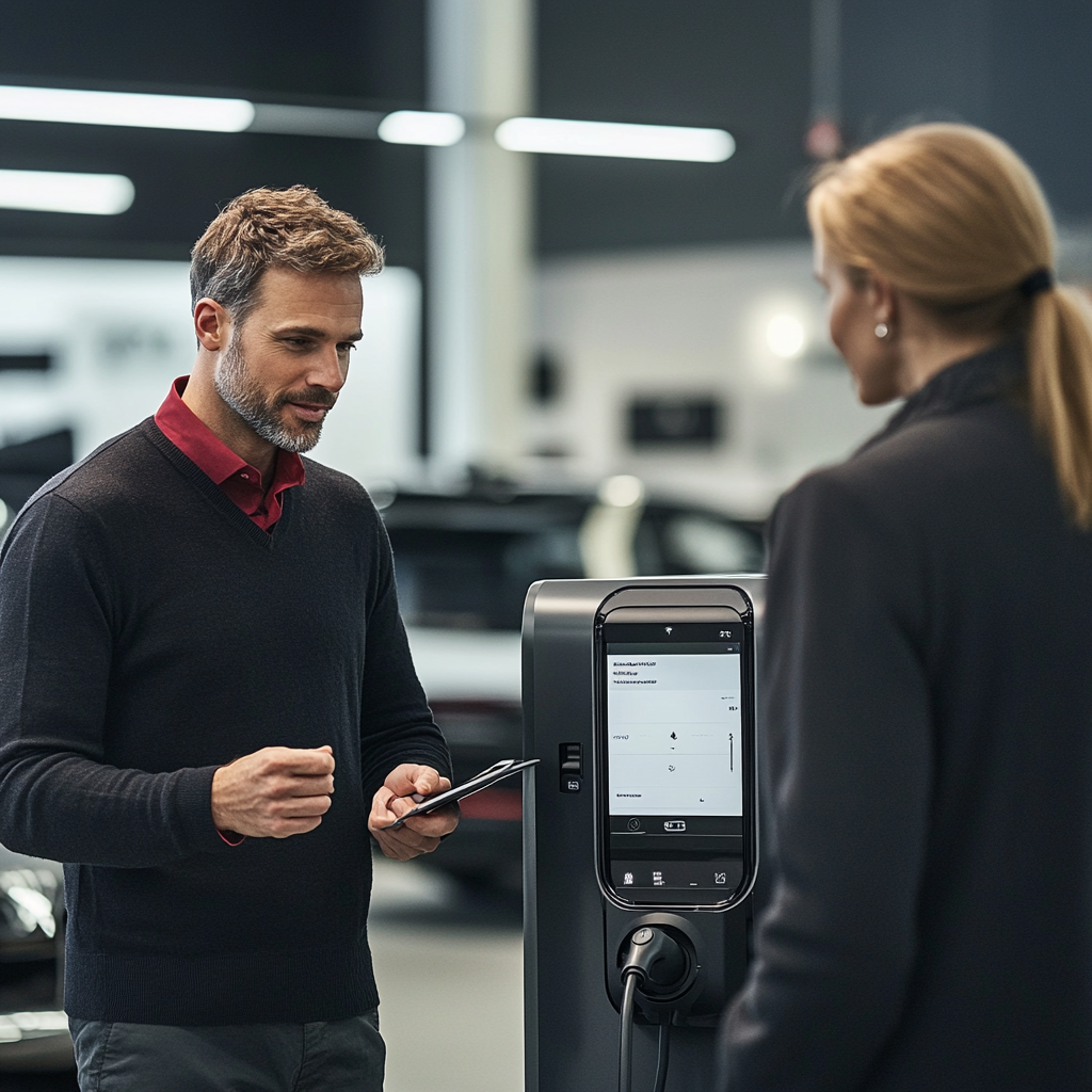 Man talks to salesperson at charging station