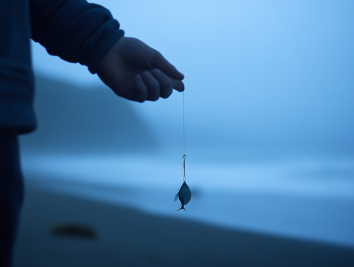 Man tries to catch blowfish in foggy dawn