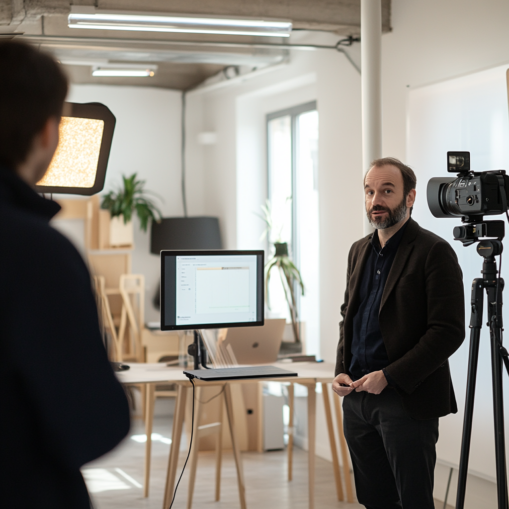 Man uses France.tv site with interviewer in tech room.