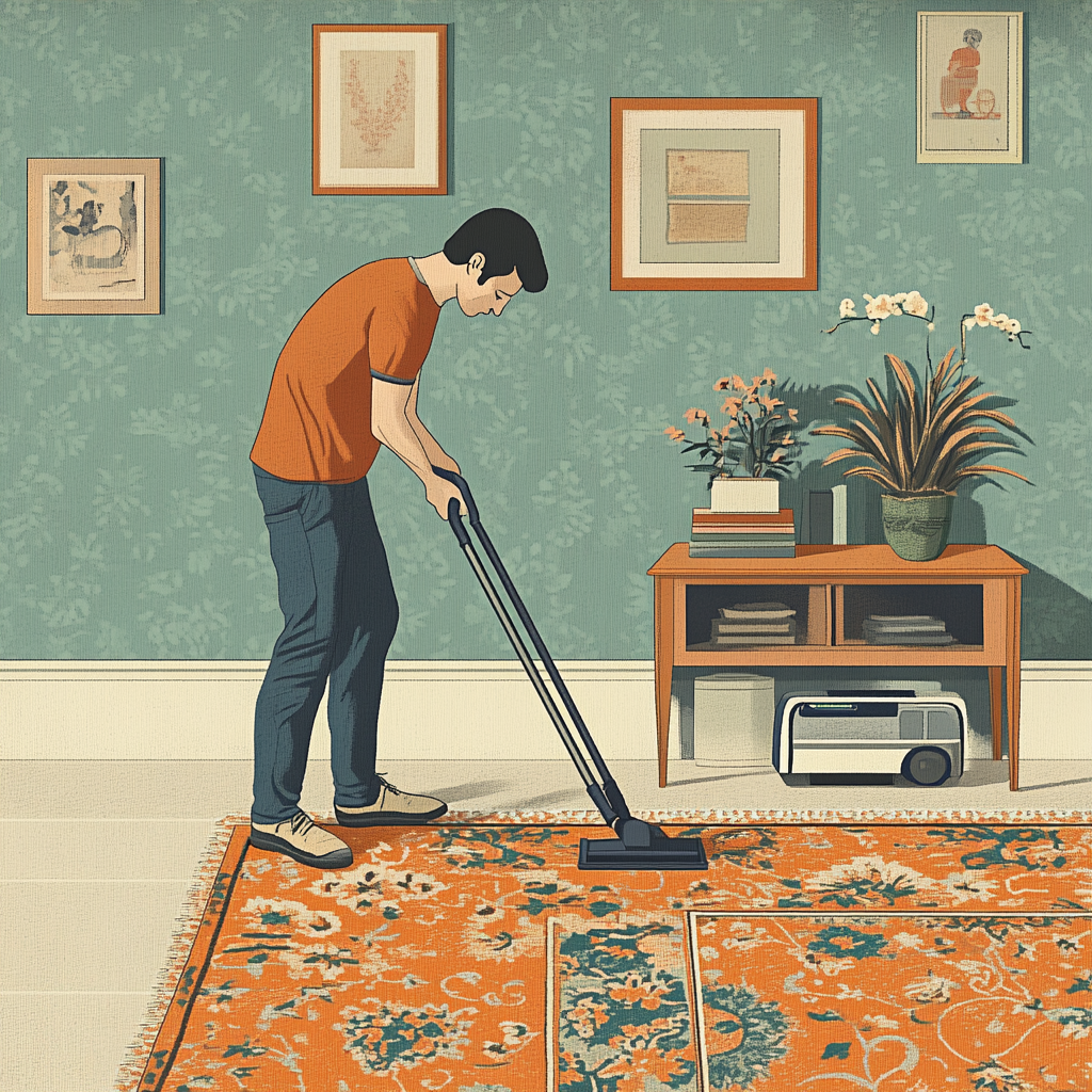 Man vacuuming carpet in John Holcroft style