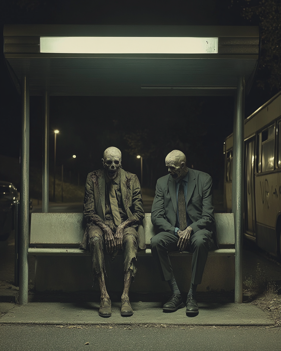 Man waits for bus near two headless zombies