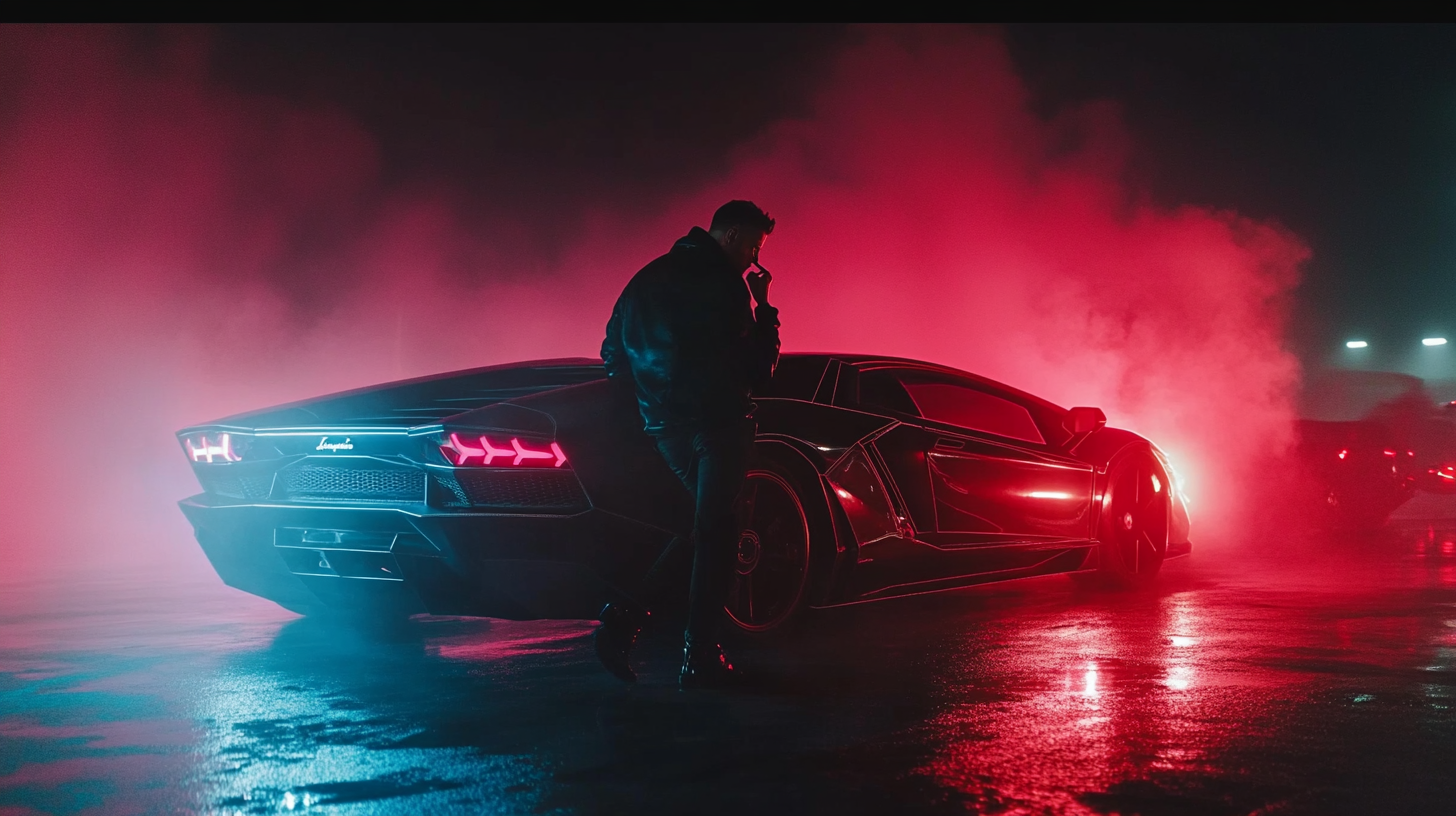 Man with Cigarette Leaning on Black Lamborghini at Night