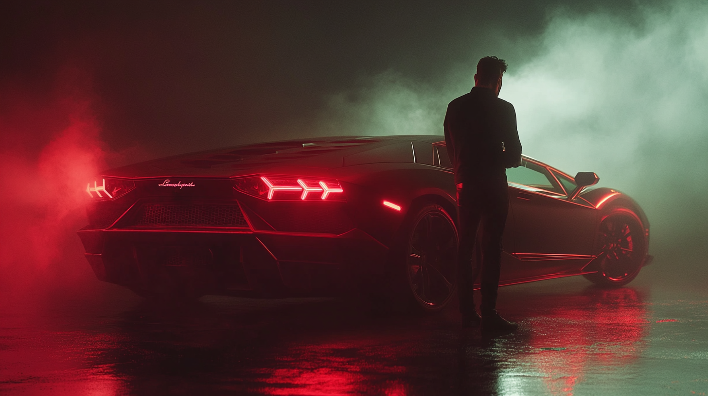 Man with Cigarette by Neon-Lit Lamborghini at Night