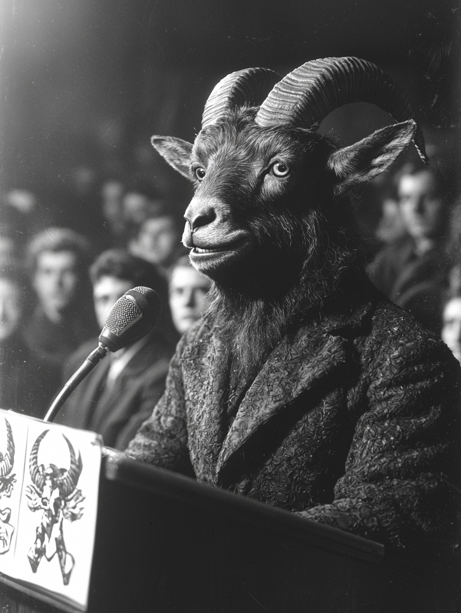 Man with goat face speaks at lectern.