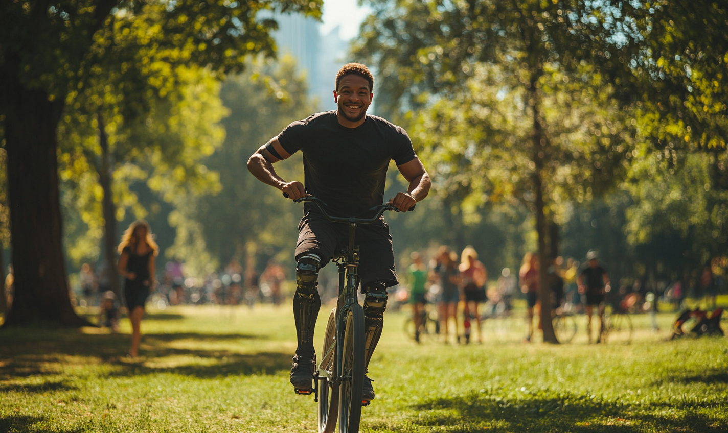 Man with prosthetic leg runs in park happily.