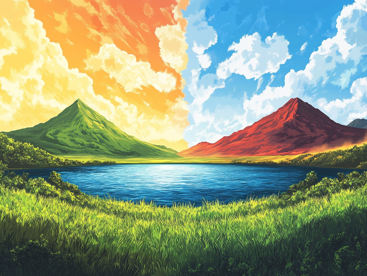 Manga style landscape with grassland, lake, volcano