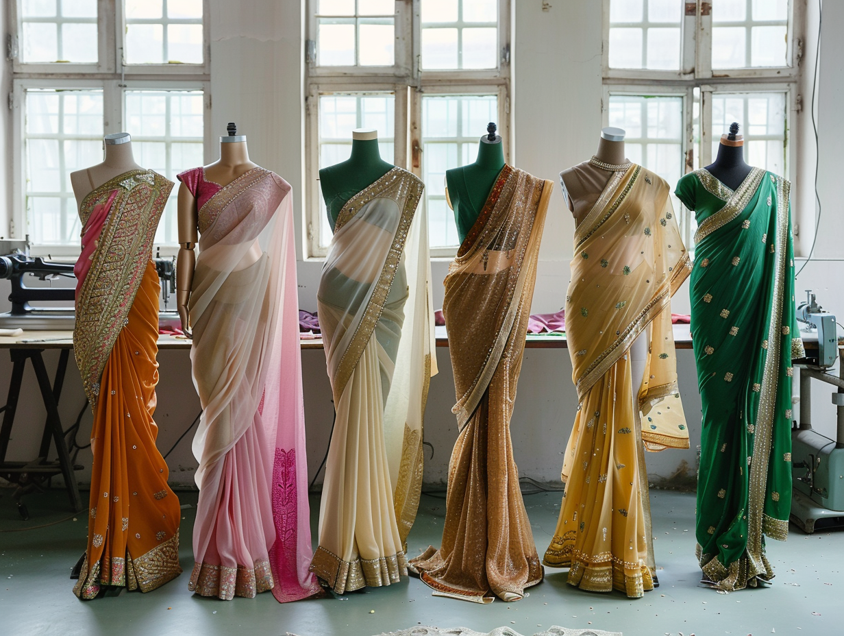 Mannequins in studio wearing sarees tailored for shapes.