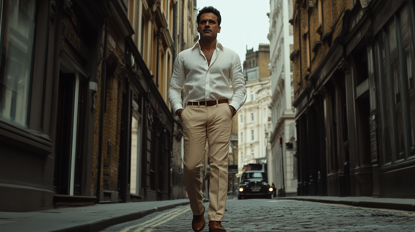 Manoj Bajpayee in London wearing white shirt and brown shoes.