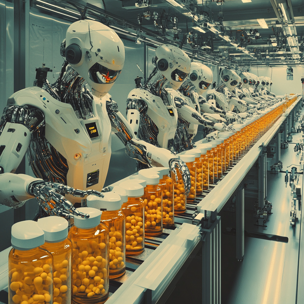 Many robots assembling medicine bottles with pills on line.