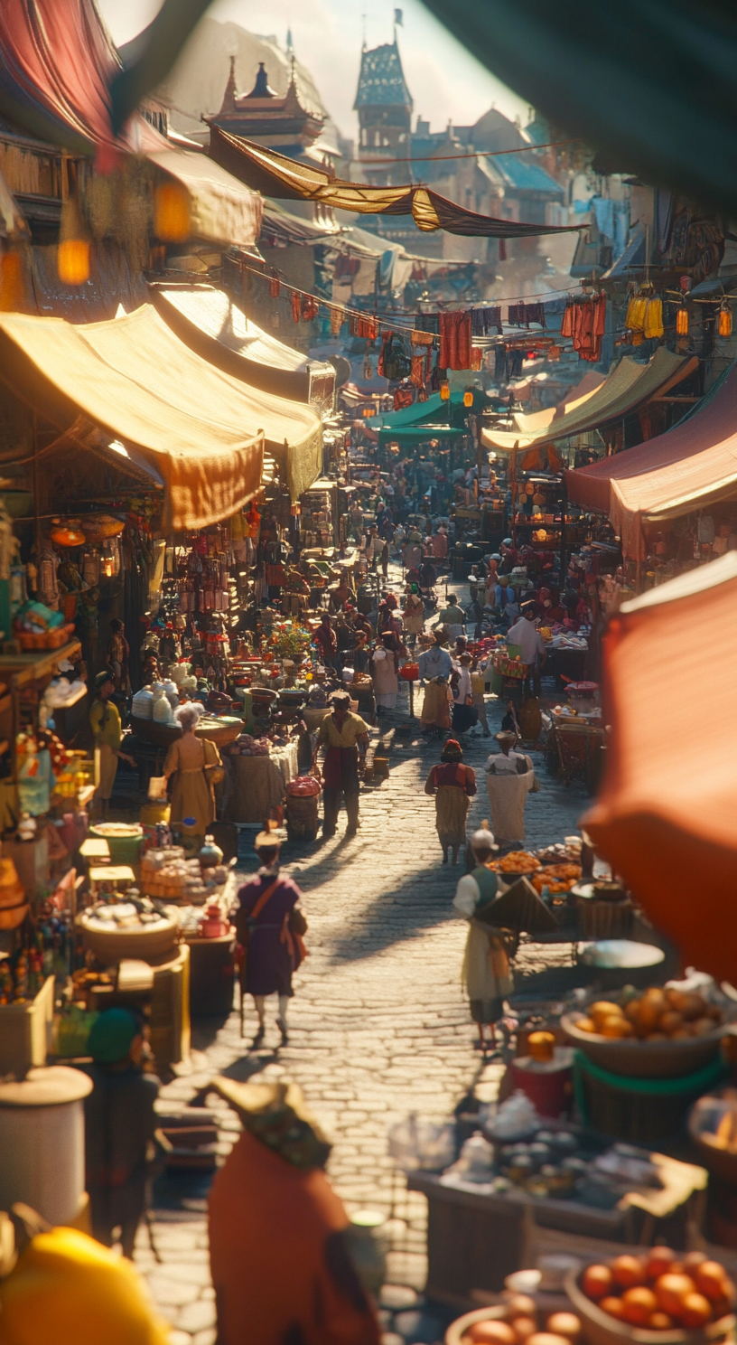 Many vendors in market, detailed, realistic Disney animation scene.