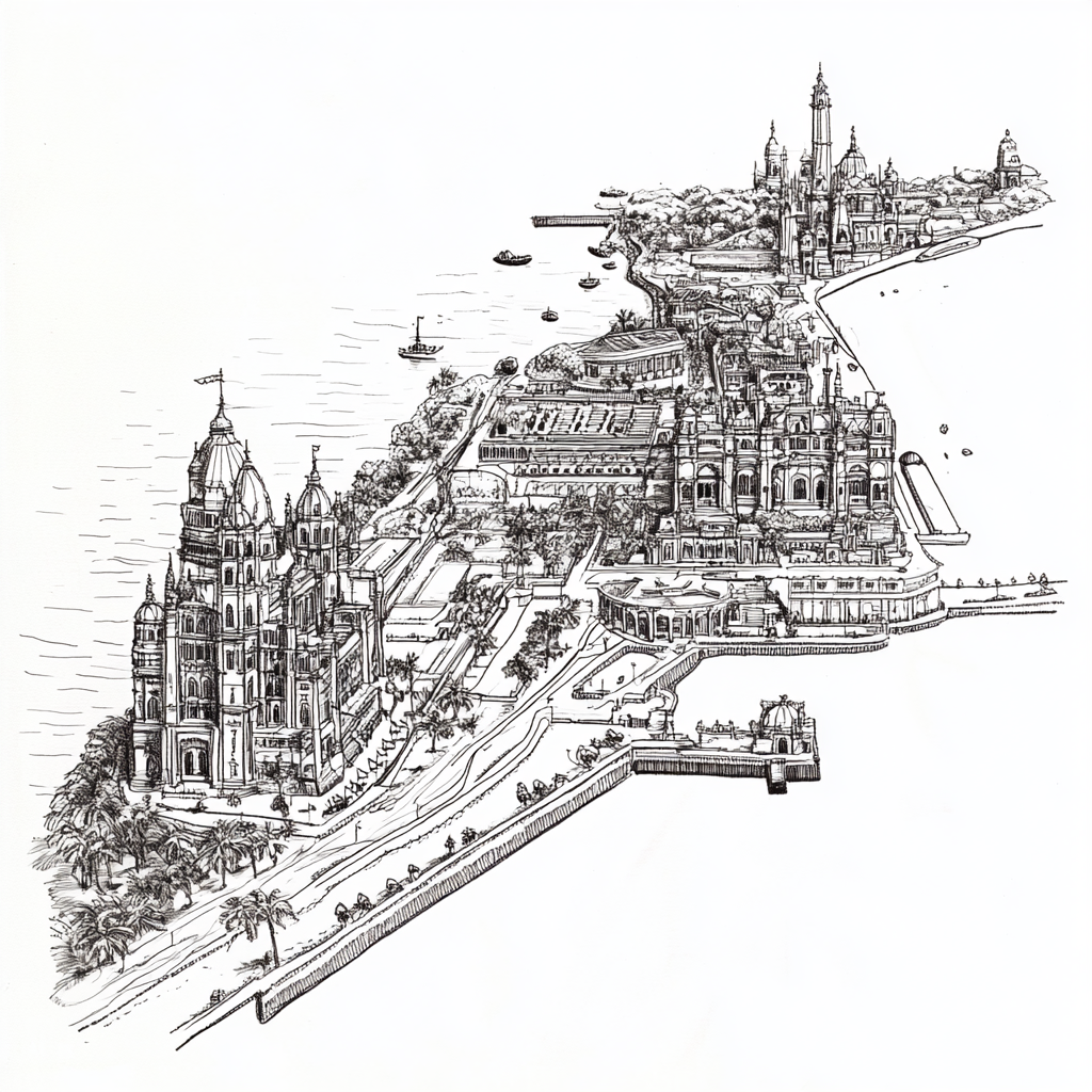 Map of Mumbai with famous landmarks in line art.