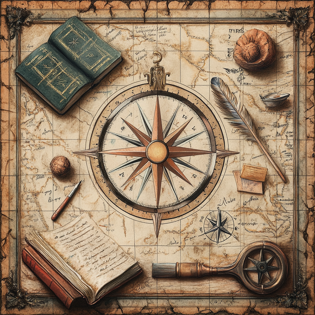 Map with compass rose surrounded by objects