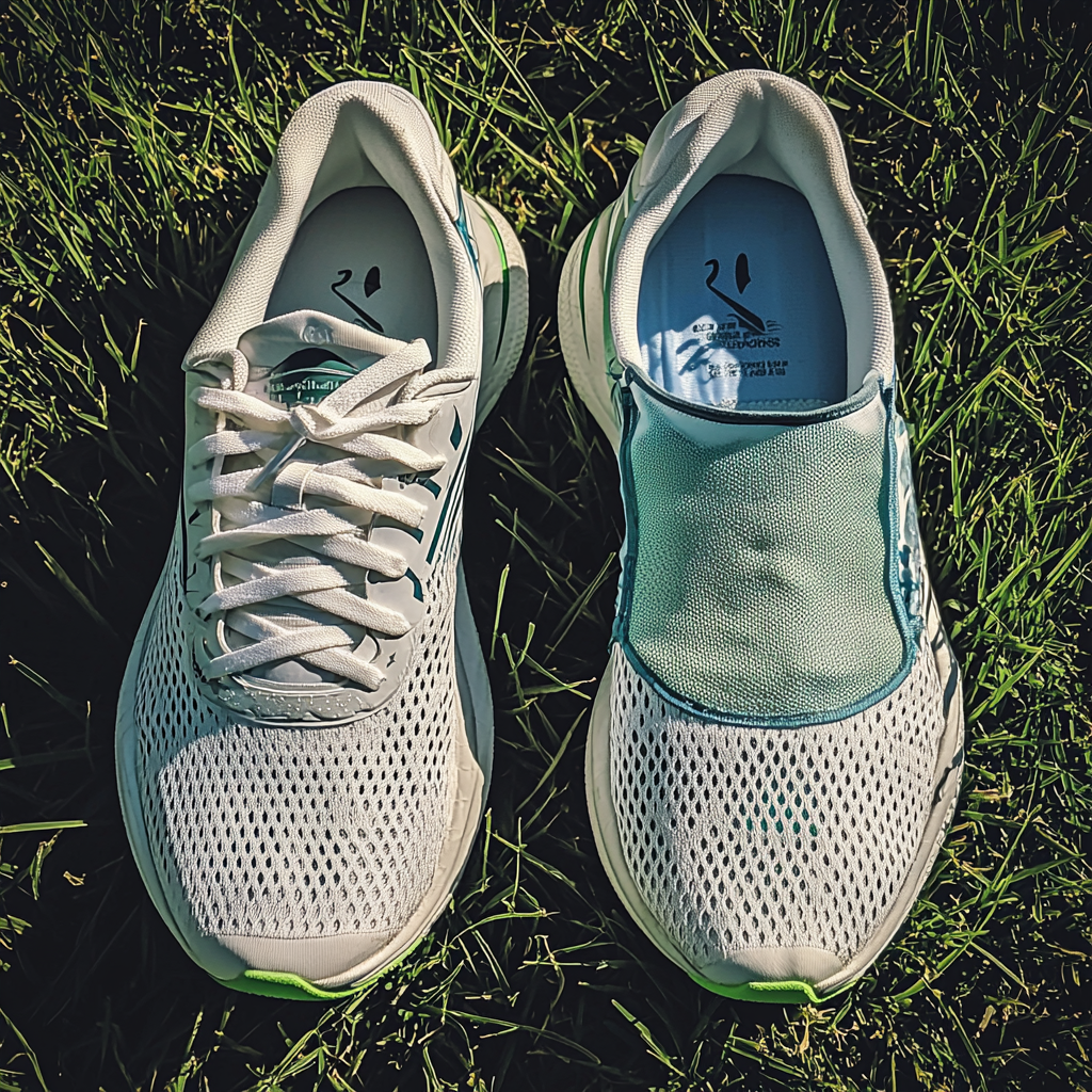 Marathon runner's shoes in soft, cool tones on grass