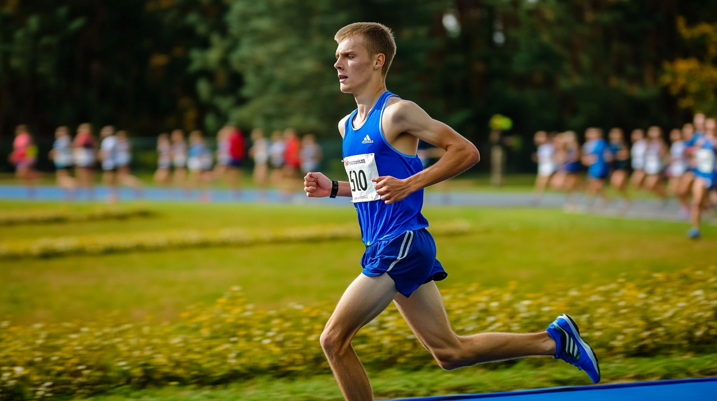 Marathon runners with blue uniforms and white numbers