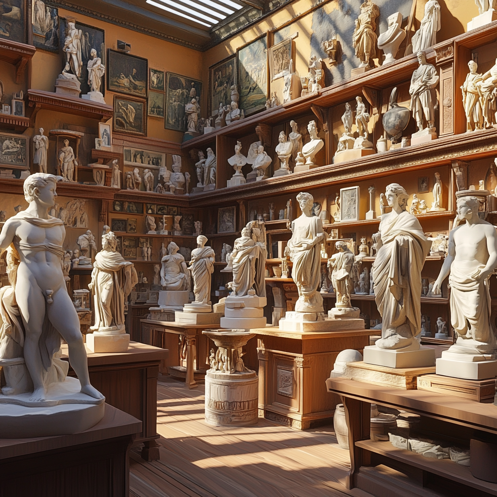 Marble statue workshop featuring classical sculptures.