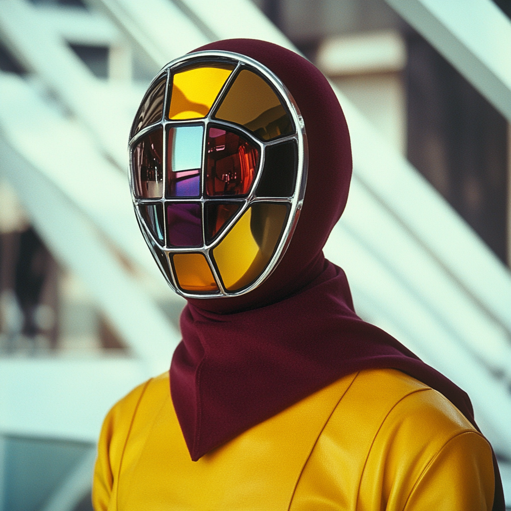 Maroon and yellow sci fi android in space.