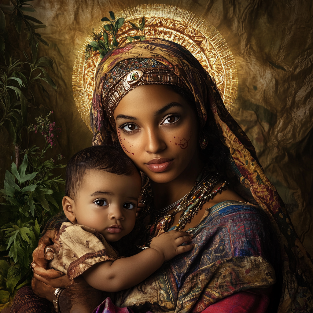 Mary and Baby Jesus in Tribal Attire