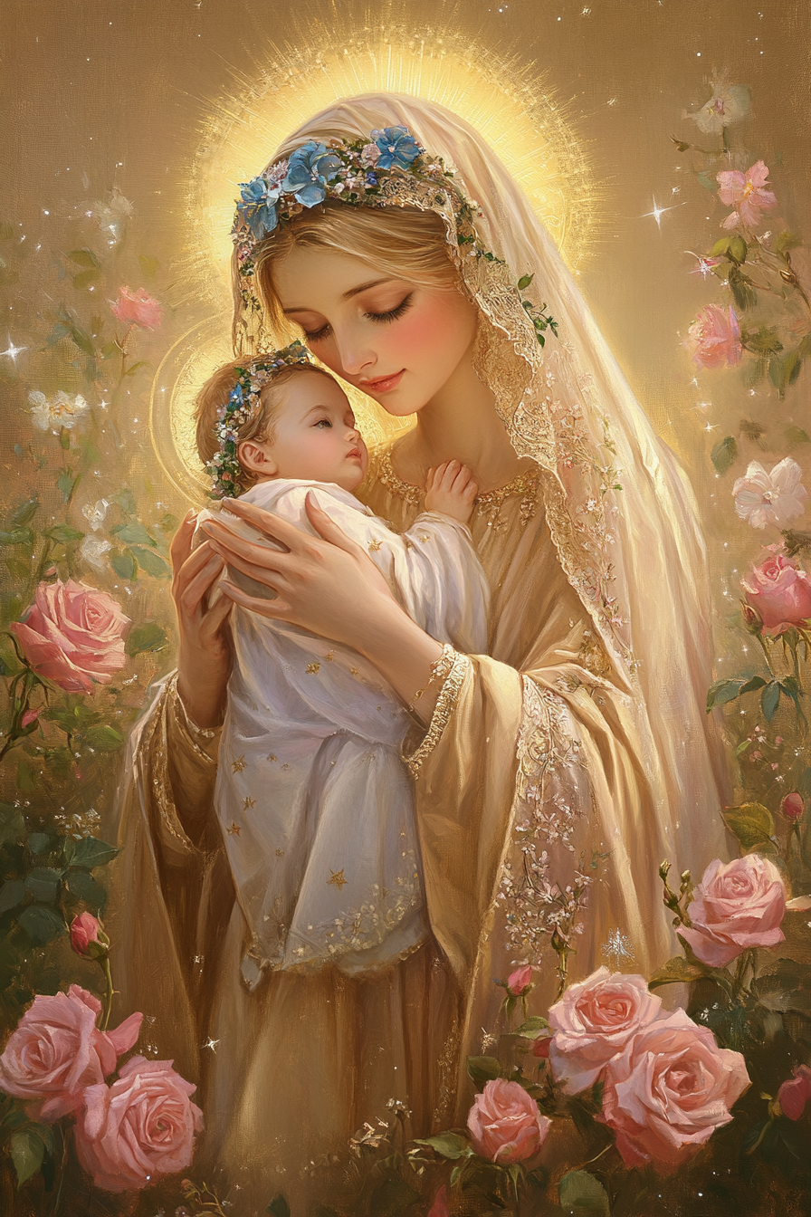 Mary holds baby Jesus amidst roses and stars