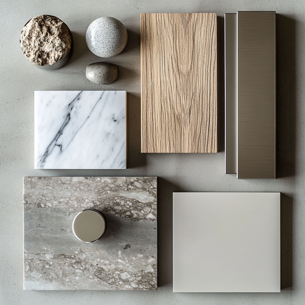 Material samples inspire interior design mood board with realistic minimalistic style.