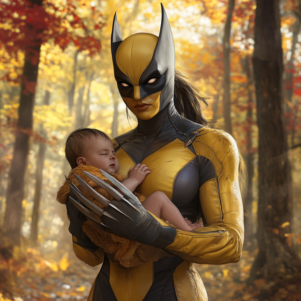 Maternal Wolverine holding baby in Canadian forest environment.