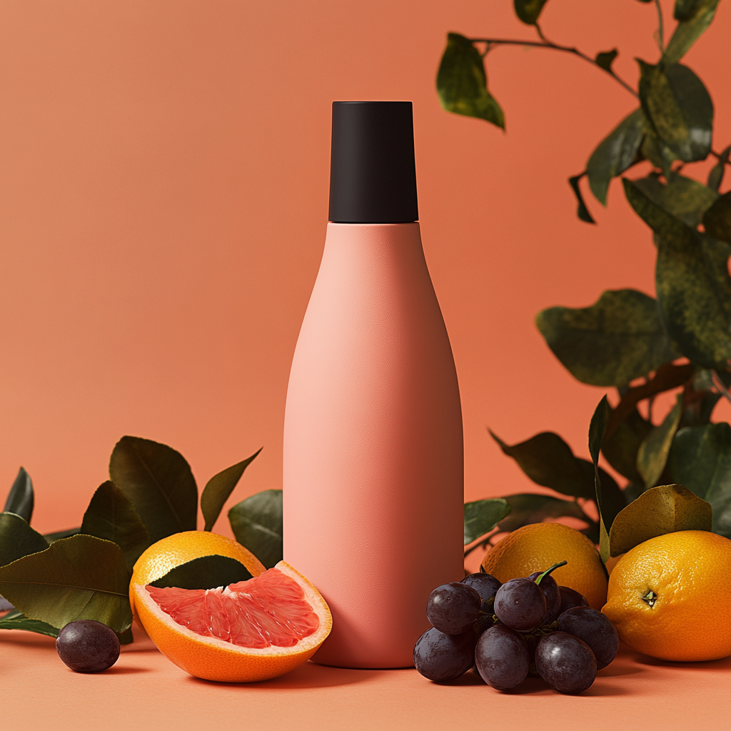 Matte pink bottle with grapefruit segments and foliage