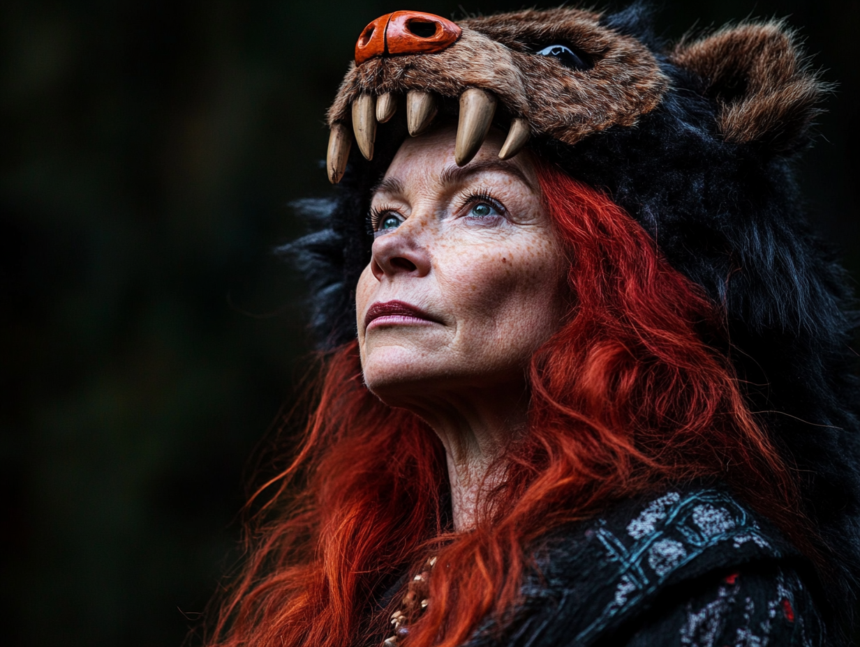 Mature Celtic woman in bear headdress, looking wise.