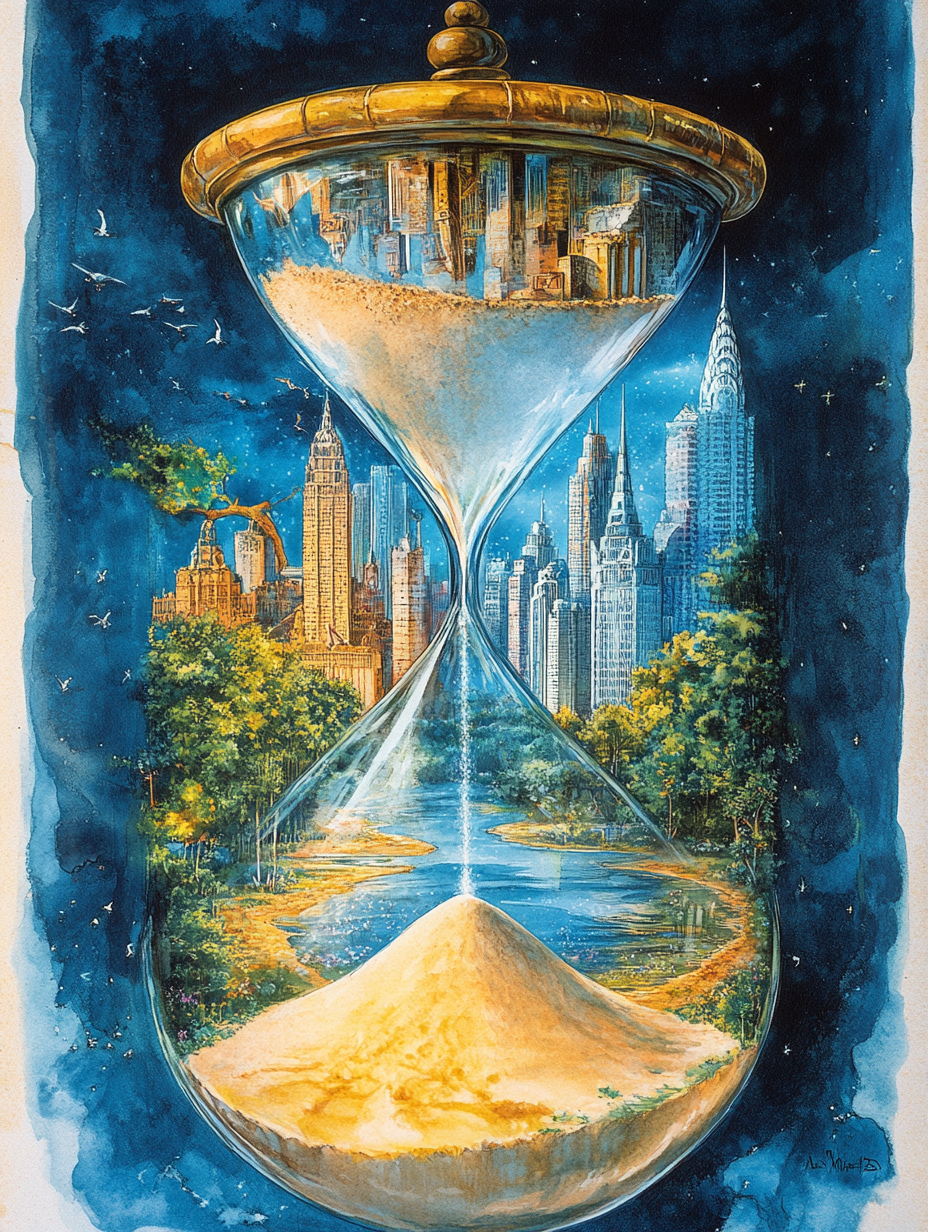 Maya balancing cityscape and landscape in hourglass.