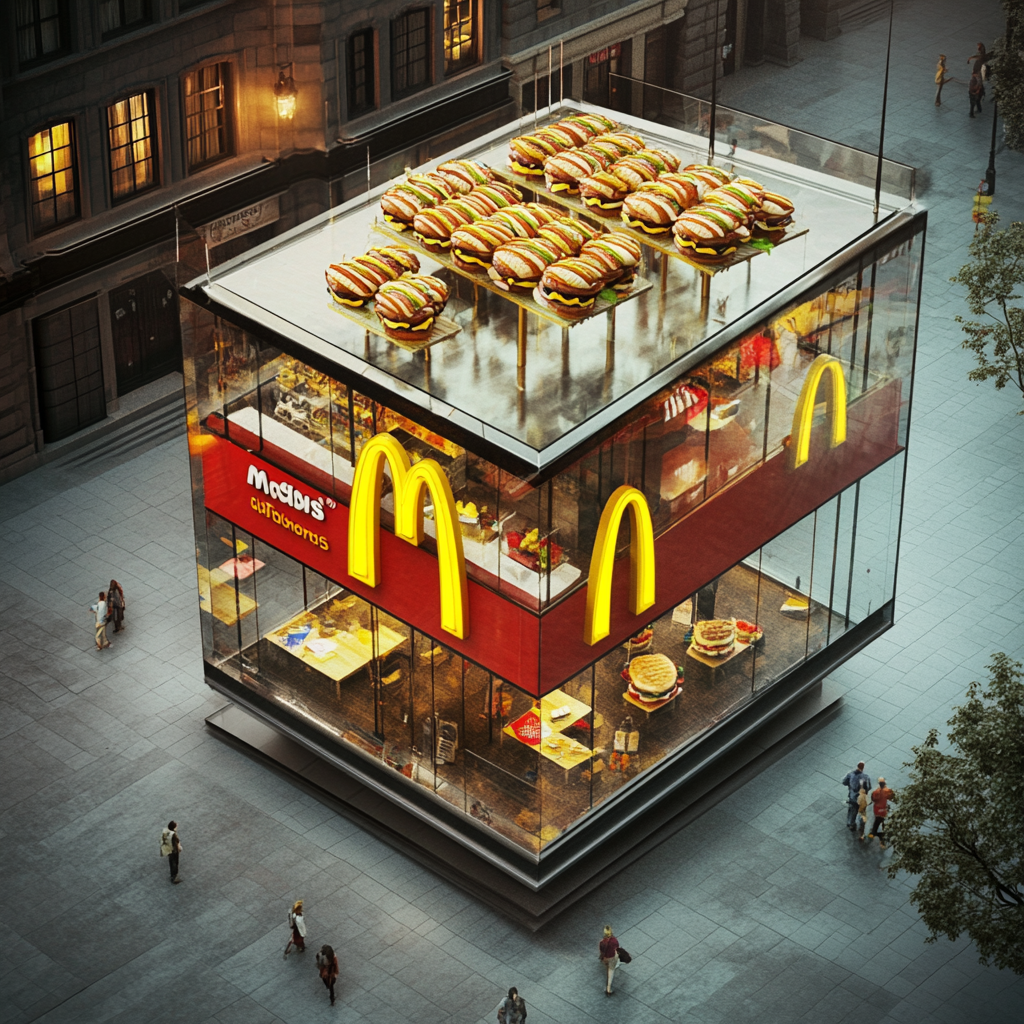 McDonald's store in square with 3D sandwich display.