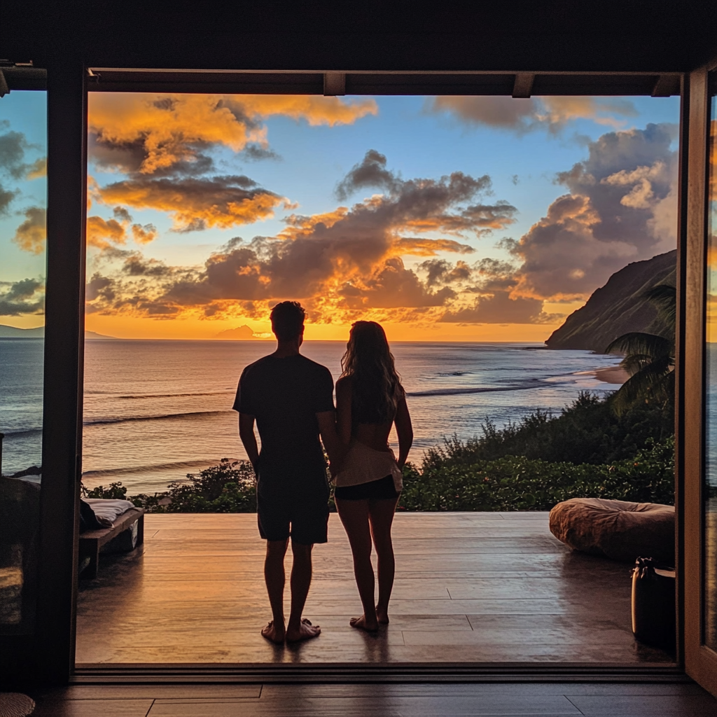 Me and my wife watching sunset on beach