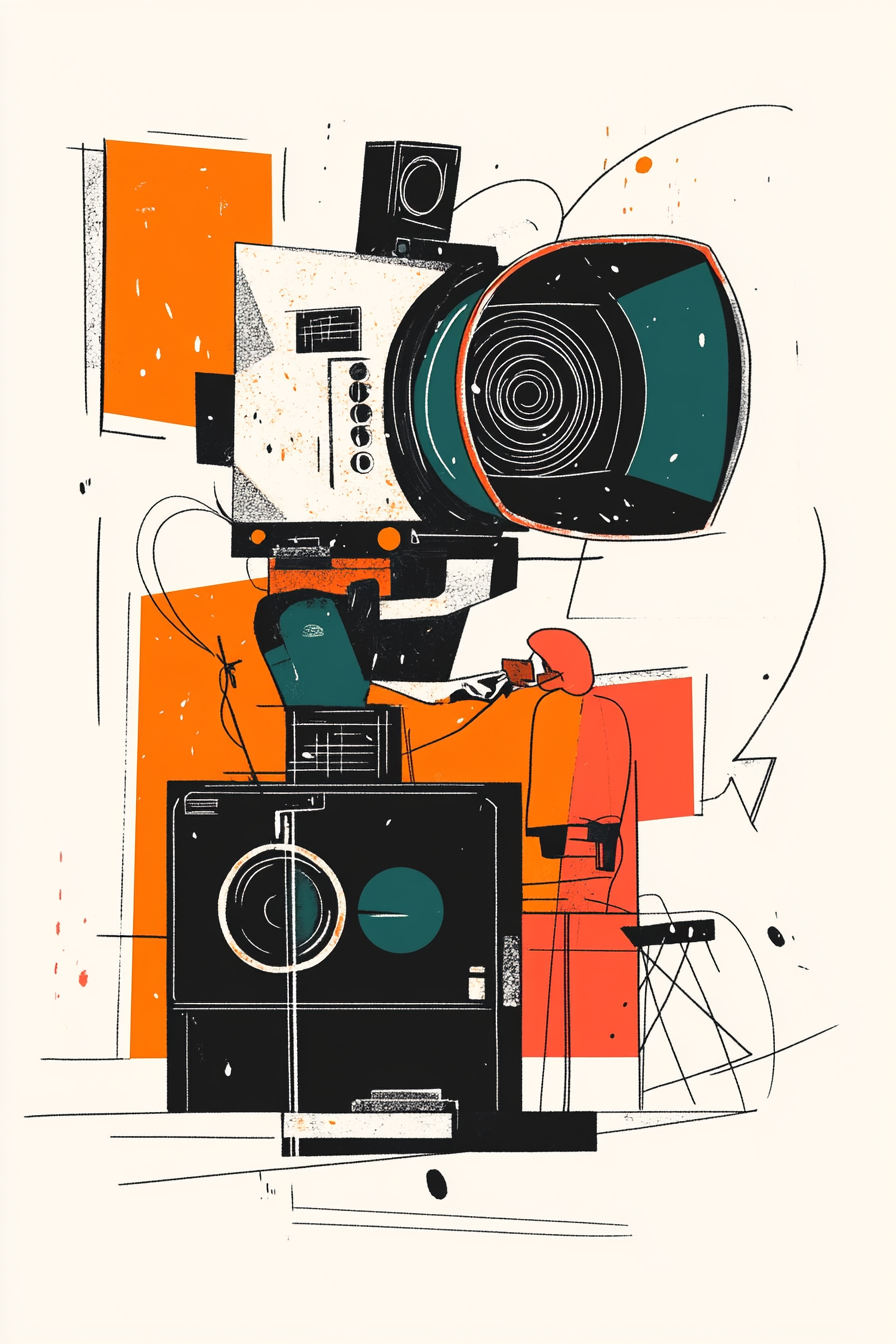 Mechanic fixing vintage cinema camera in artistic style