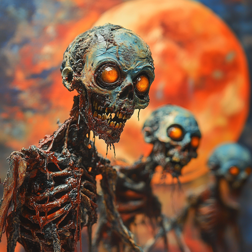 Mechanical and Rotten Zombies Battling under Red Moon